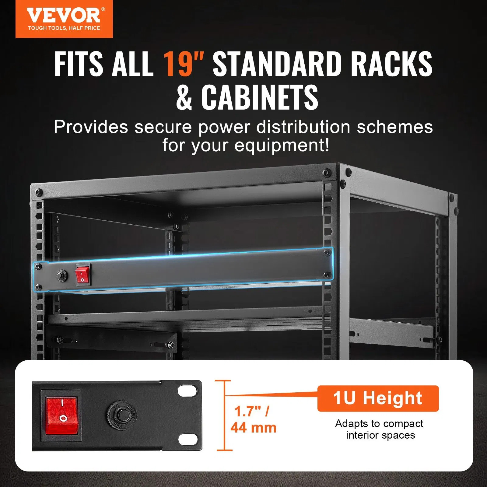 1U PDU, 8 Outlets, Rack Mount Power Strip Fits Standard 19″ Server Racks, with