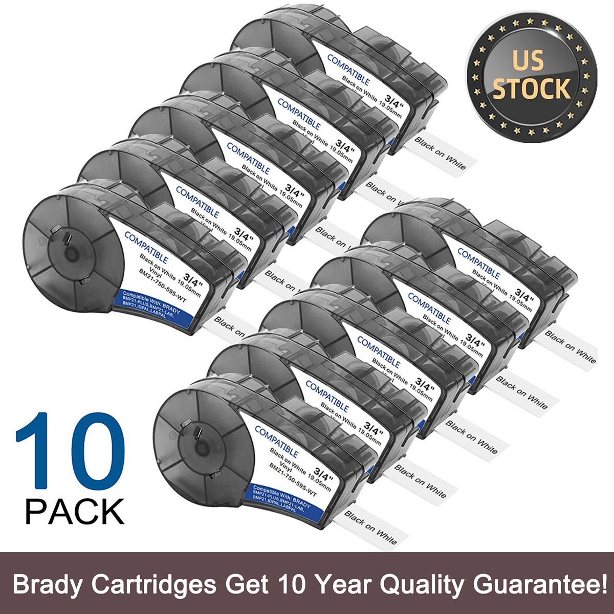 10PK For Brady BMP21-PLUS M21-750-595 Vinyl Label Cartridge Black/White 3/4″x21′