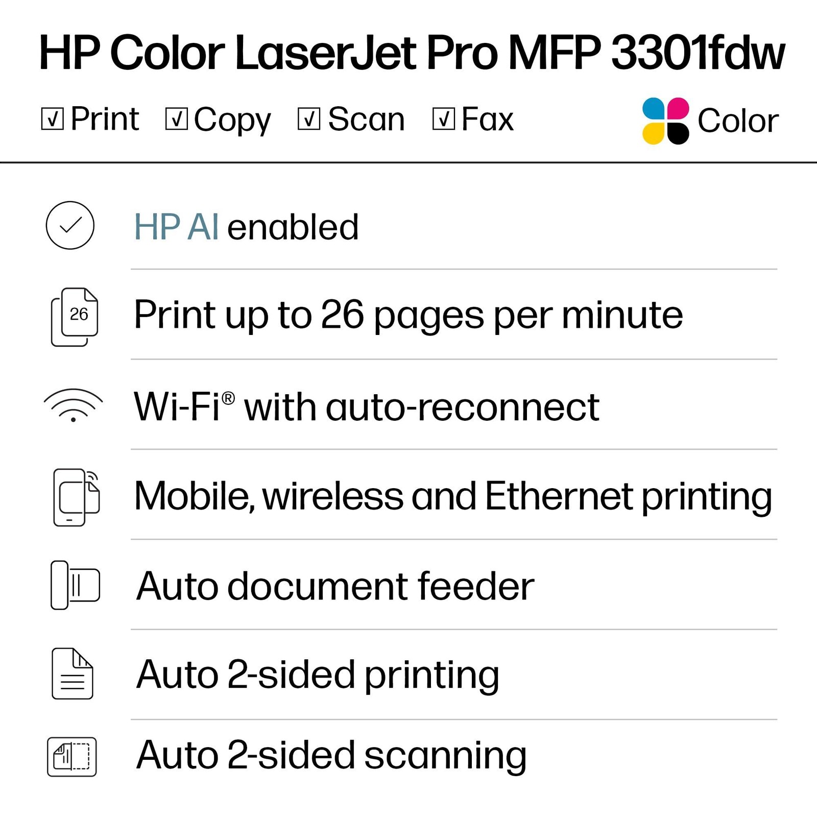 HP Color LaserJet Pro MFP 3301fdw Wireless All-in-One Color Laser Printer, Offic