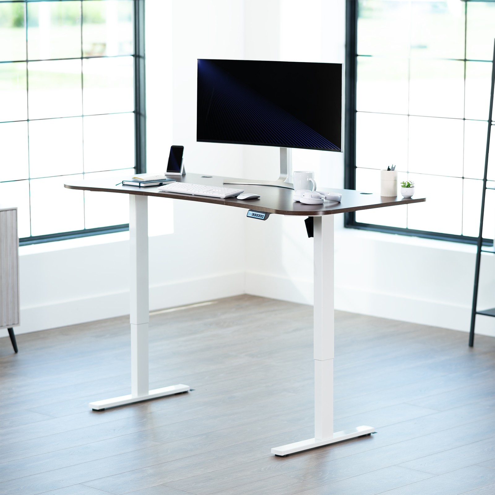 VIVO Electric 63” x 32” Stand Up Desk, Dark Walnut Table Top, White Frame