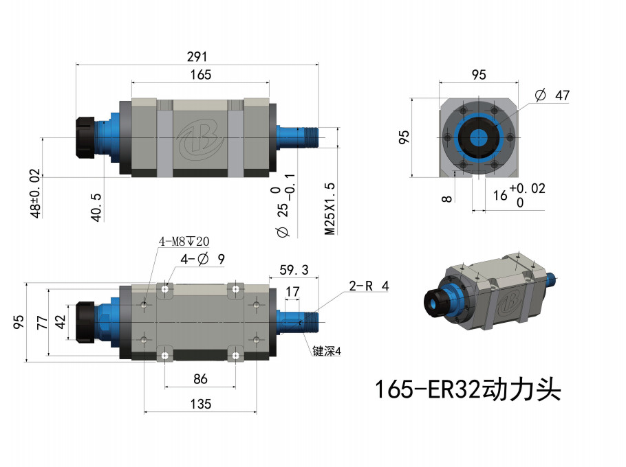 ER32 Spindle Unit Drilling Milling Boring Power Head 3000-8000rpm CNC Machine