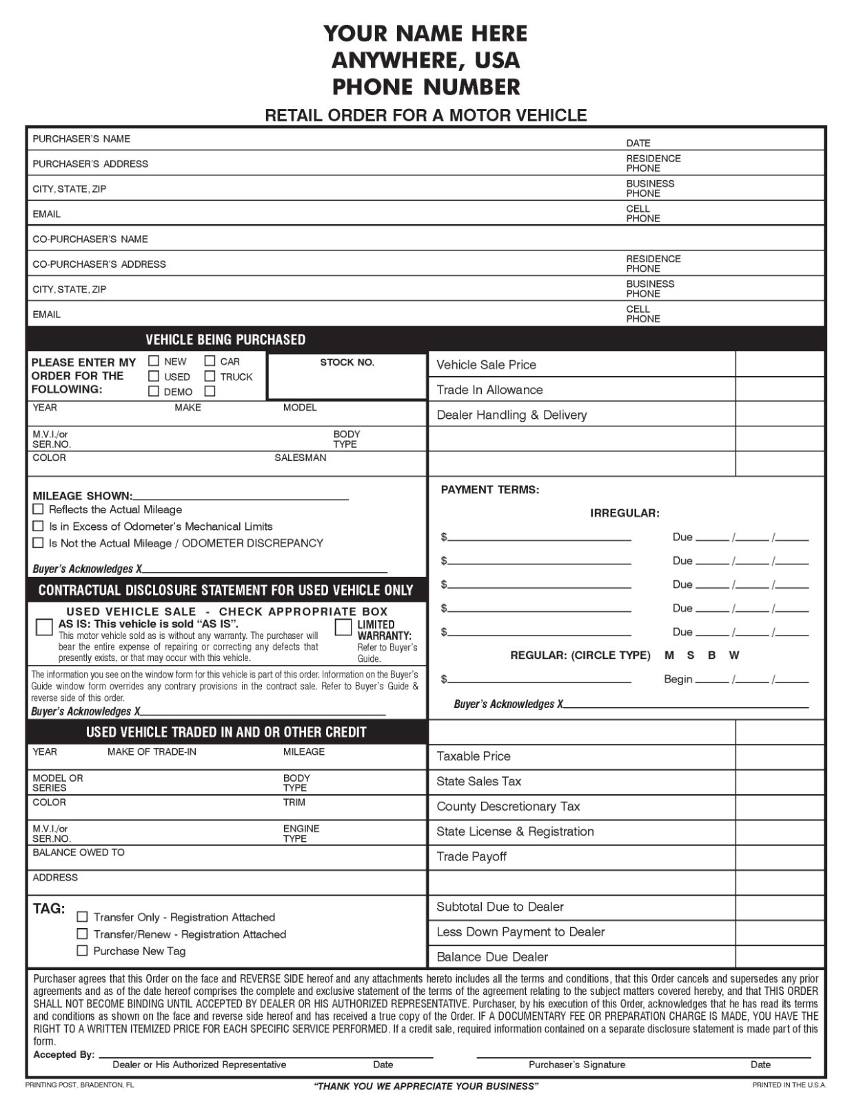 100 2-part NCR Carbonless Auto Sales Form – RETAIL BUYER’S ORDER