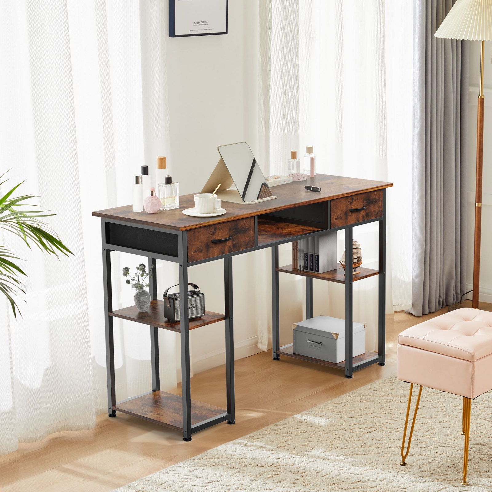 48″ Home Office Computer Desk,Study Table with Storage Shelf & 3 Fabric Drawers