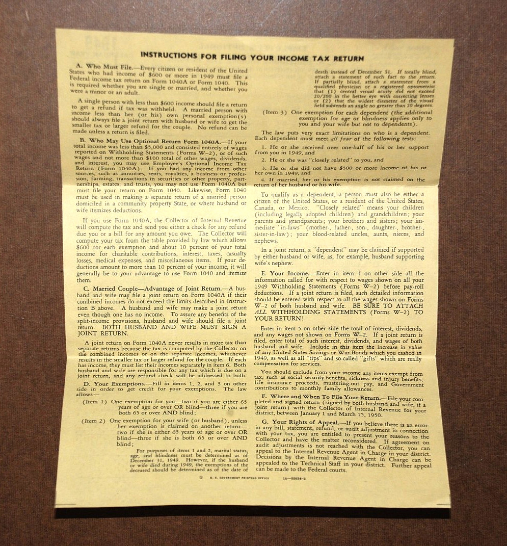 United States U.S. INDIVIDUAL INCOME TAX RETURN Form 1040A Unused IRS VTG 1949