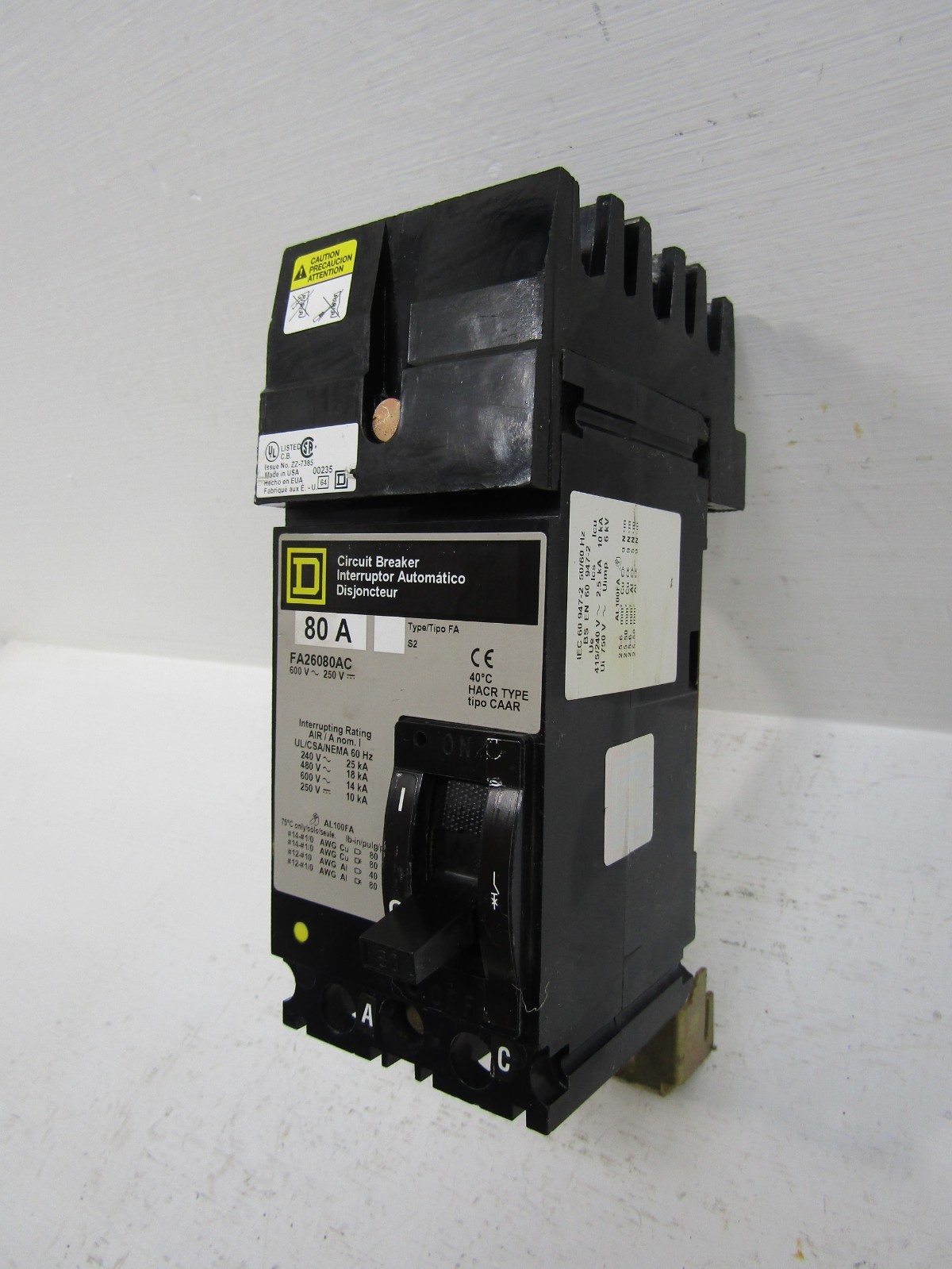 Square D FA26080AC 80 Amp 600V 2-Pole I-Line Circuit Breaker 80A 2P FA26080