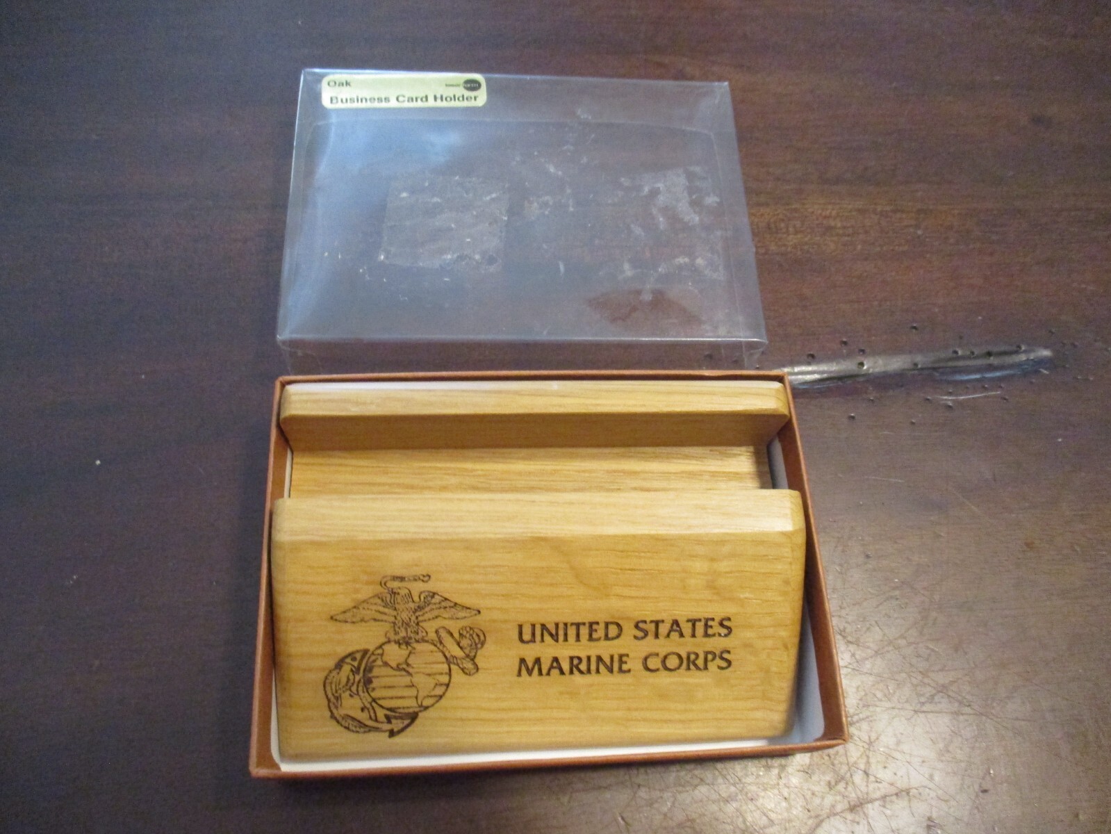 UNITED STATES MARINE CORPS OAK WOODEN BUSINESS CARD HOLDER LAZER ETCHED IOB