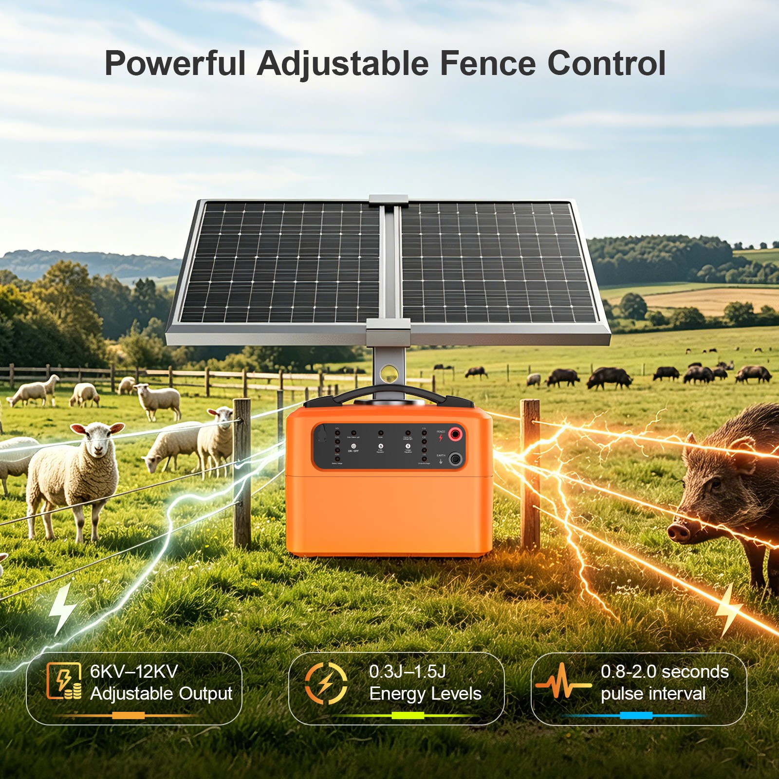 Solar Power Fence Charger 15W Electric Fence Energizer for Livestock Horse Goat