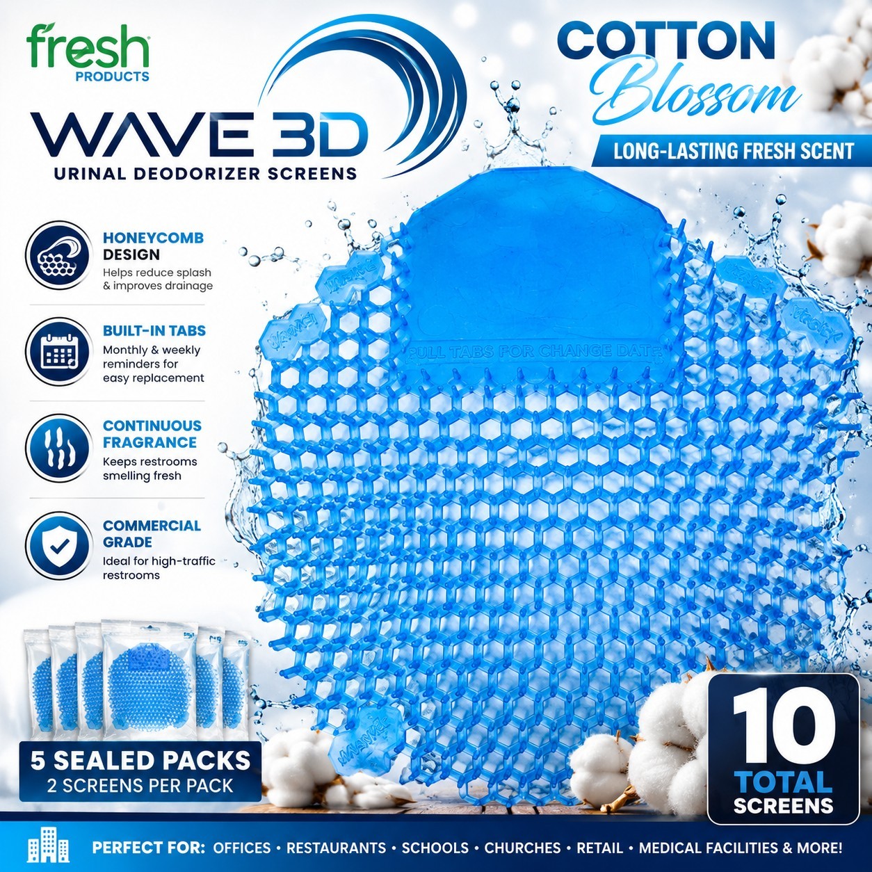 Fresh Products Wave 3D Cotton Blossom Urinal Splash Guard Deodorizer 10 Pack