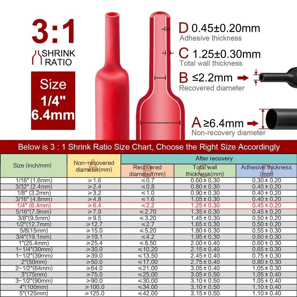 5ft 3:1 Ratio Heat Shrink Tubing Dual Wall Adhesive Glue Lined Φ1/4″ (6.4mm) US