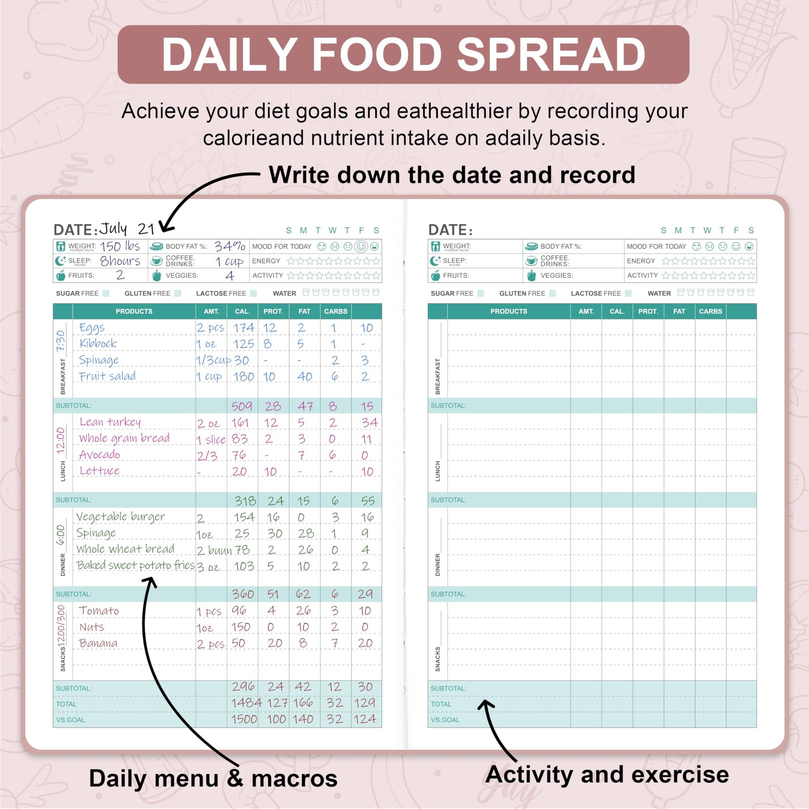 Food Journal 5.8″ x 8.3″ 6 Months Meal Planner for Weight Loss & Diet