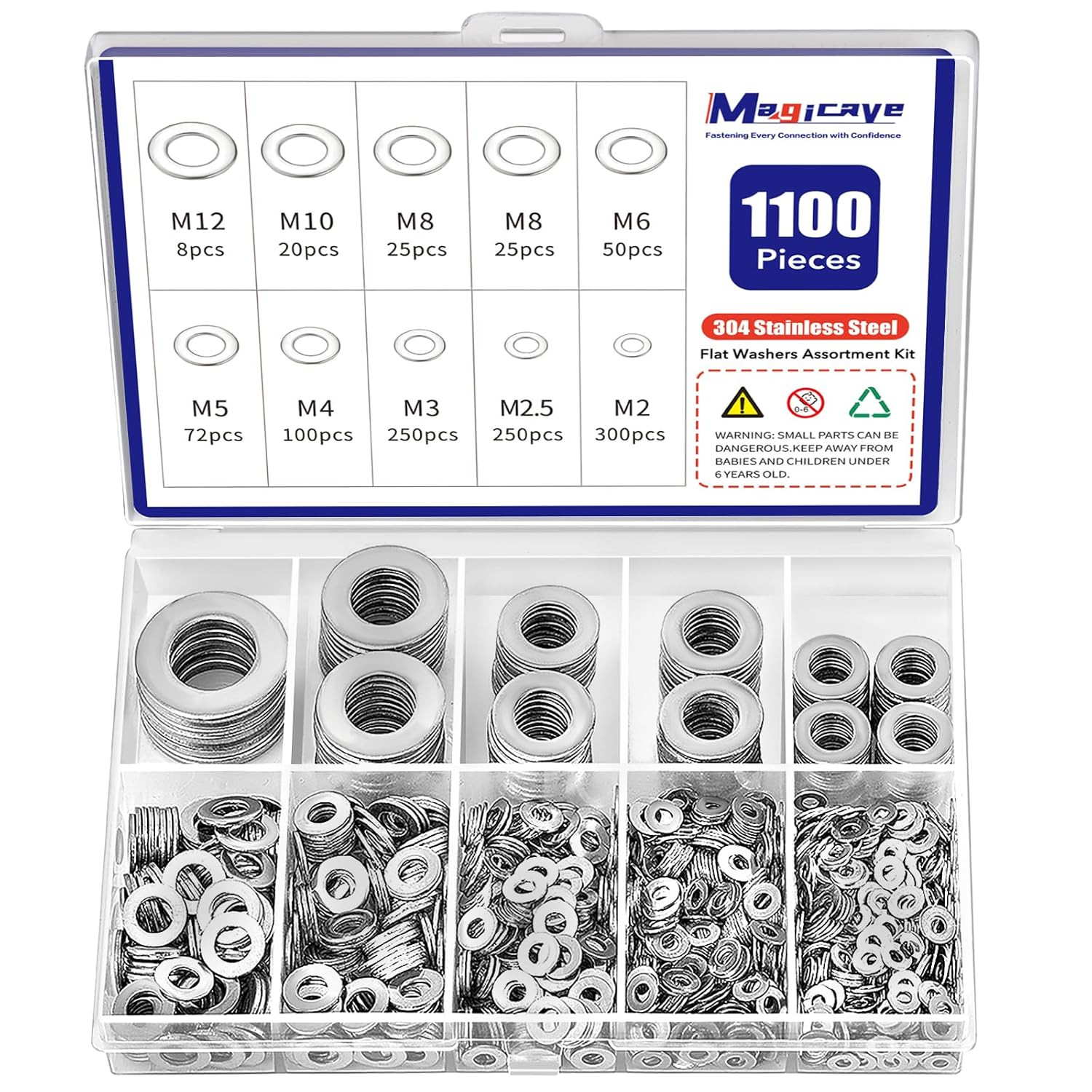 1100 Pcs Flat Washers Assortment Kit – 304 Stainless Steel, 9 Metric Sizes (M2–M