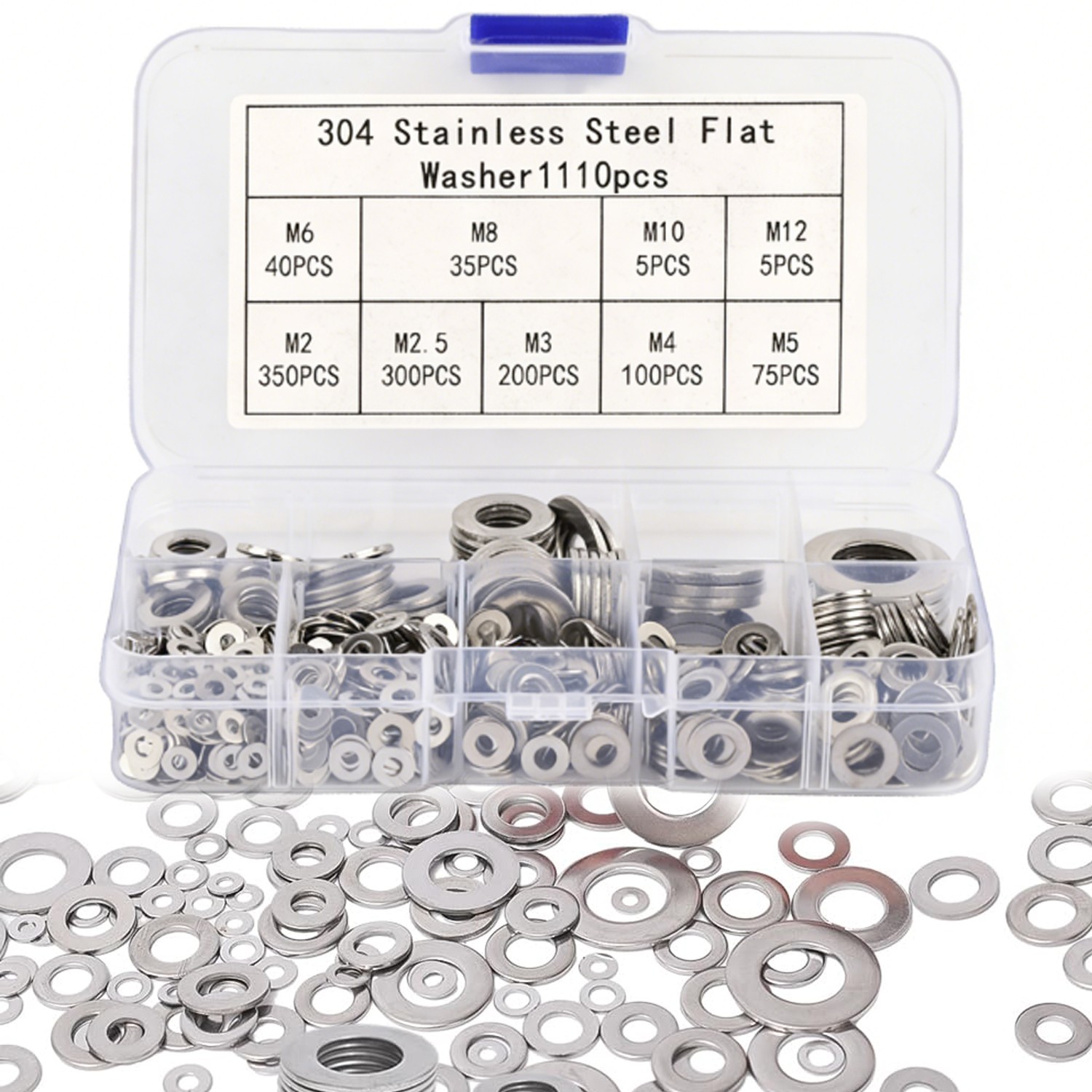 1110PCS Stainless Steel Washers Flat Washer Assortment Set Value Kit w/Case