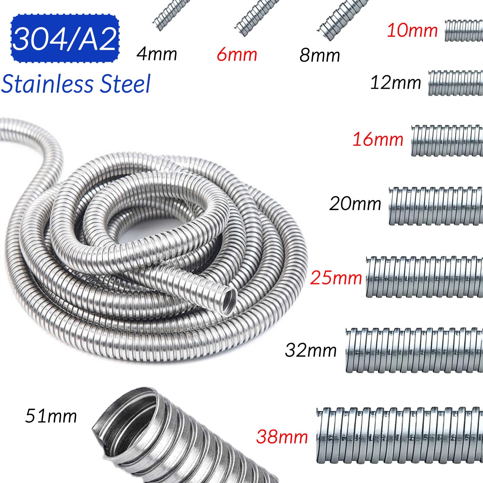 Flexible Conduit Tube Cable Tidy Trunking Organiser Stainless Steel 4mm to 51mm