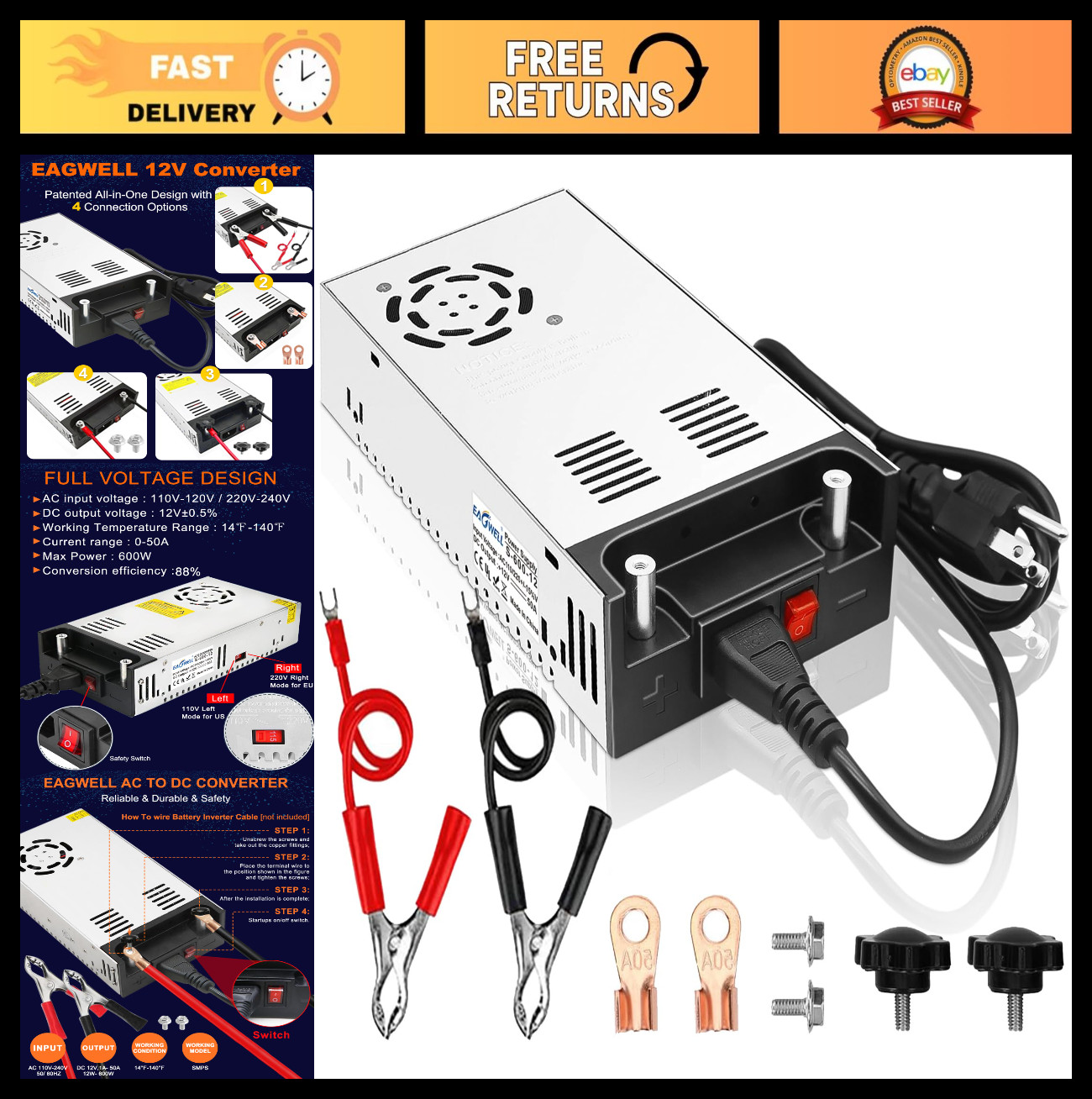 600W 110V AC to 12V DC Power Supply Converter | 50A Universal SMPS for RV, LED,