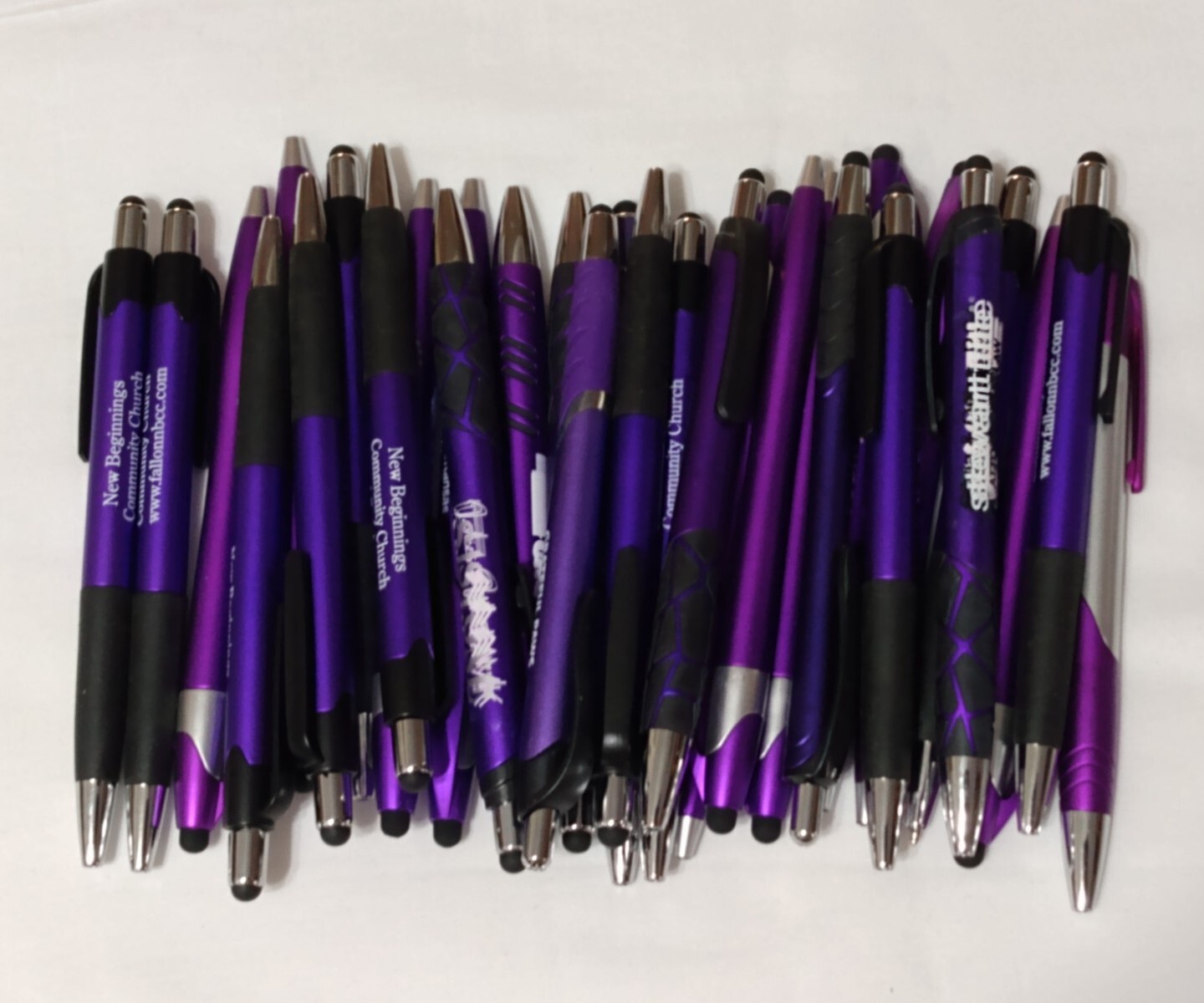 30ct Mixed Lot Misprint Retractable Click Pens w/Stylus: PURPLE/ VIOLET/LAVENDER
