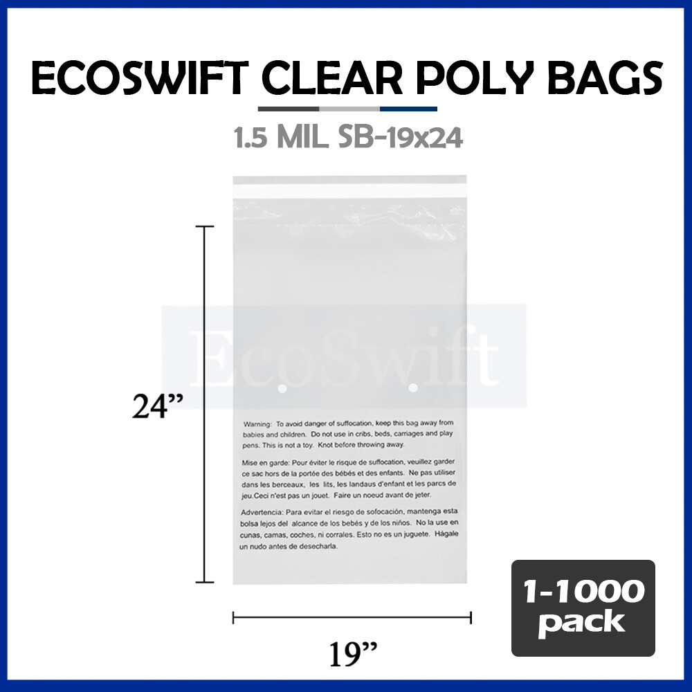 1-1000 19×24 EcoSwift Self Seal Suffocation Warning Clear Poly Bags Free Ship
