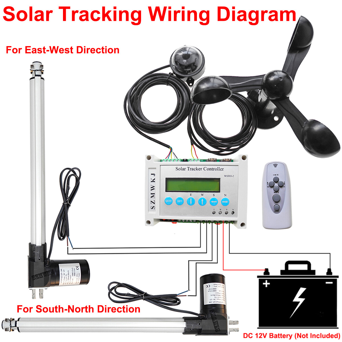 Dual Axis Solar Panel Tracker Controller W/6000N Linear Actuator Anemometer Kit