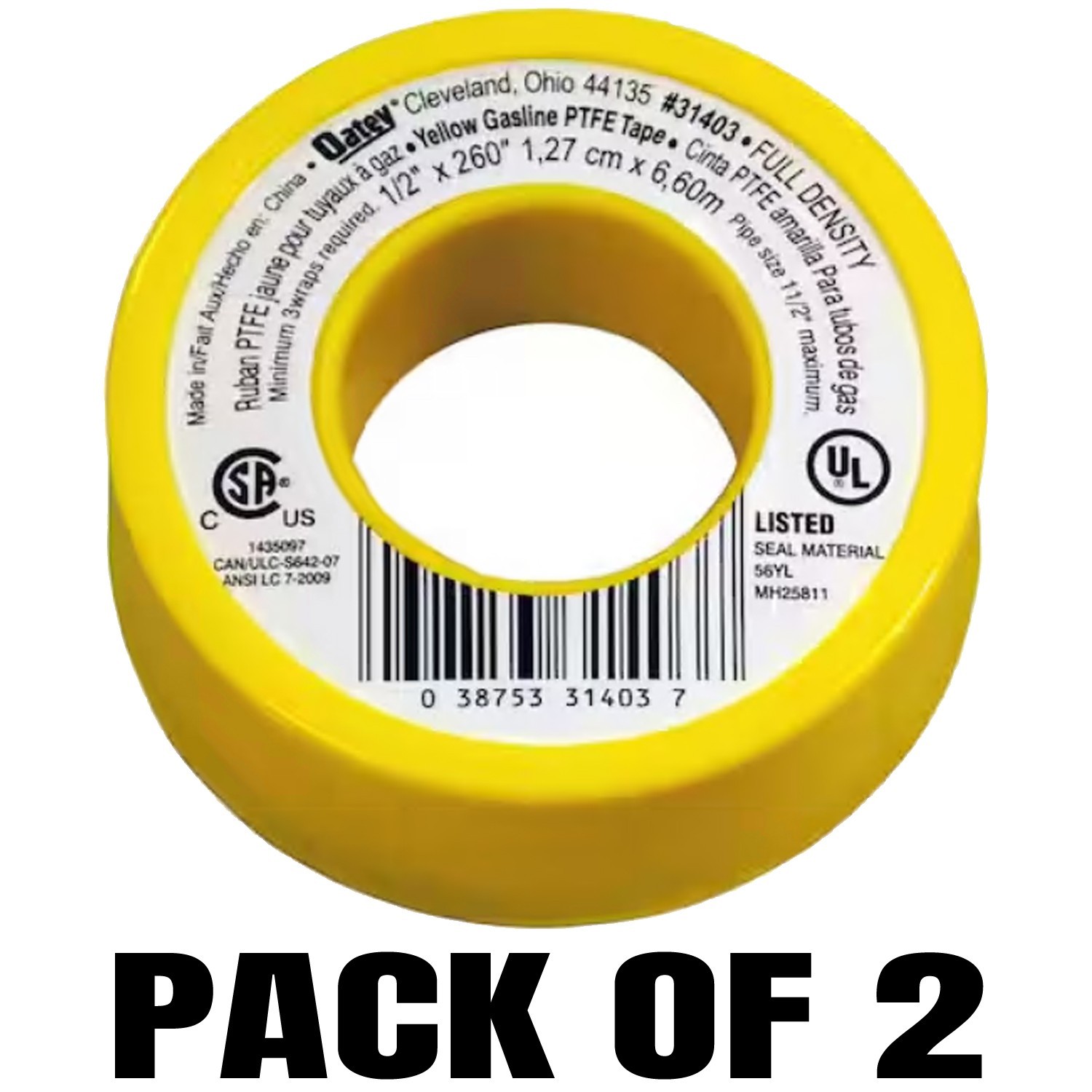 1/2 in. x 260 in. Yellow Thread Sealing PTFE Plumber’s Tape (2-Pack)