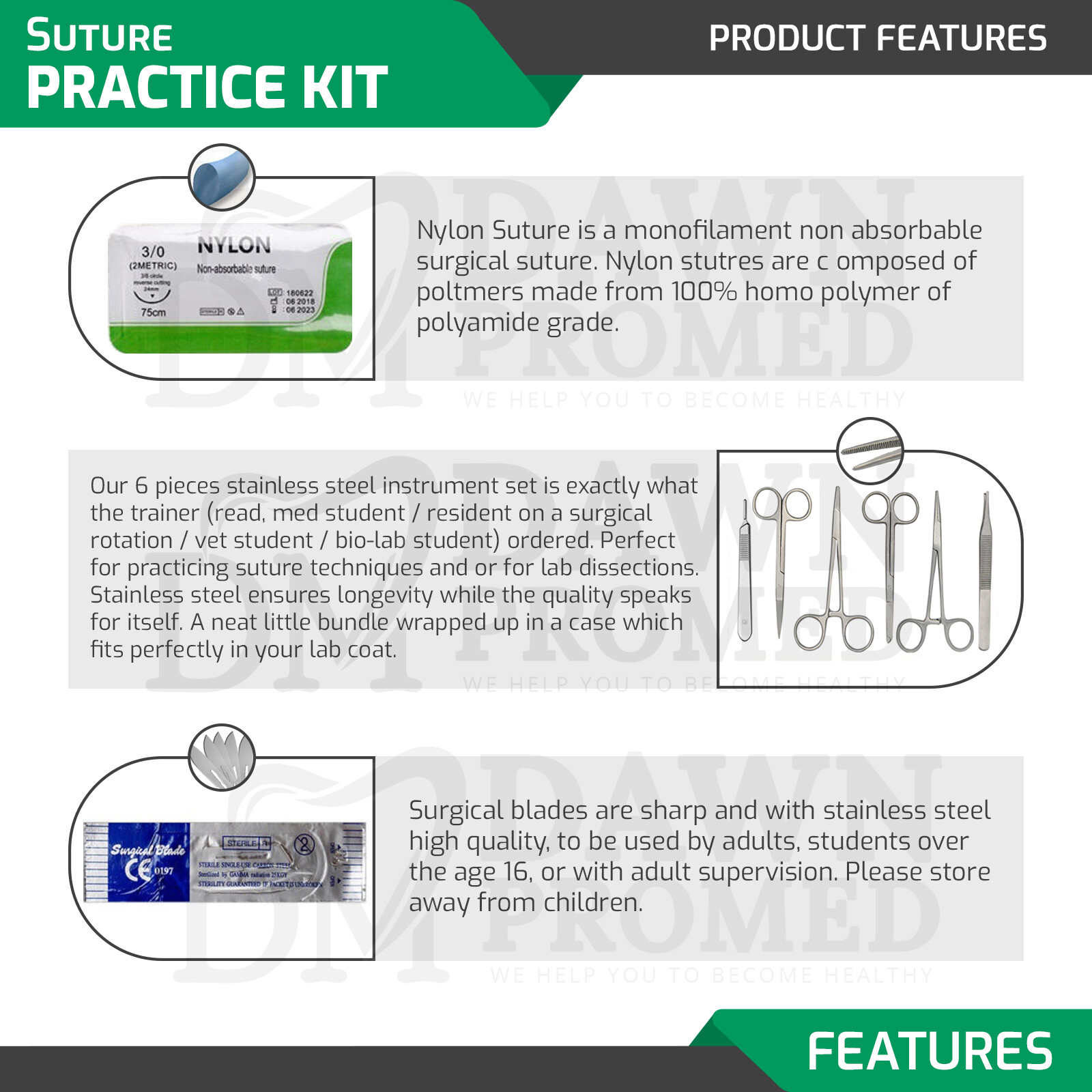19 Pieces Practice Suture Kit with Pad for Medical Veterinary Student Training
