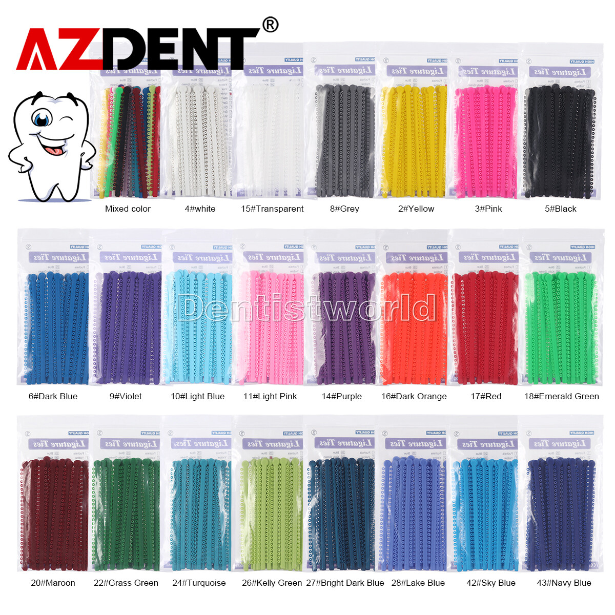AZDENT Dental Orthodontic Ligature Ties Elastic Rubber Bands 1000Pcs 23 Colors