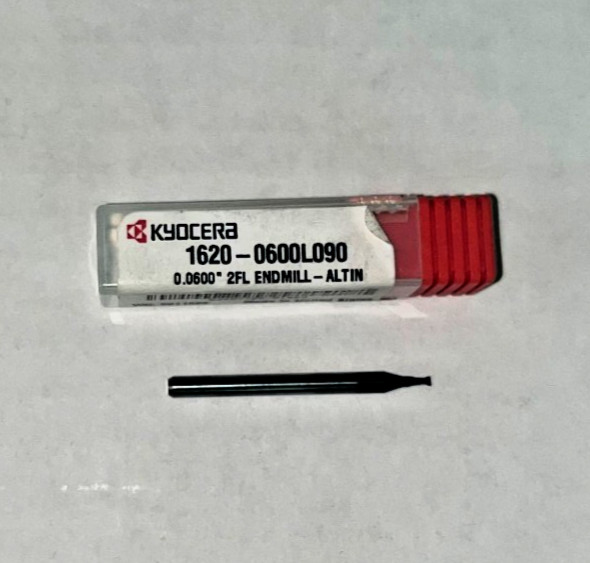1620-00600L090 Kyocera 0.0600″ Carbide 2 Flute End Mill ALTiN Coated 0.0600″ Dia