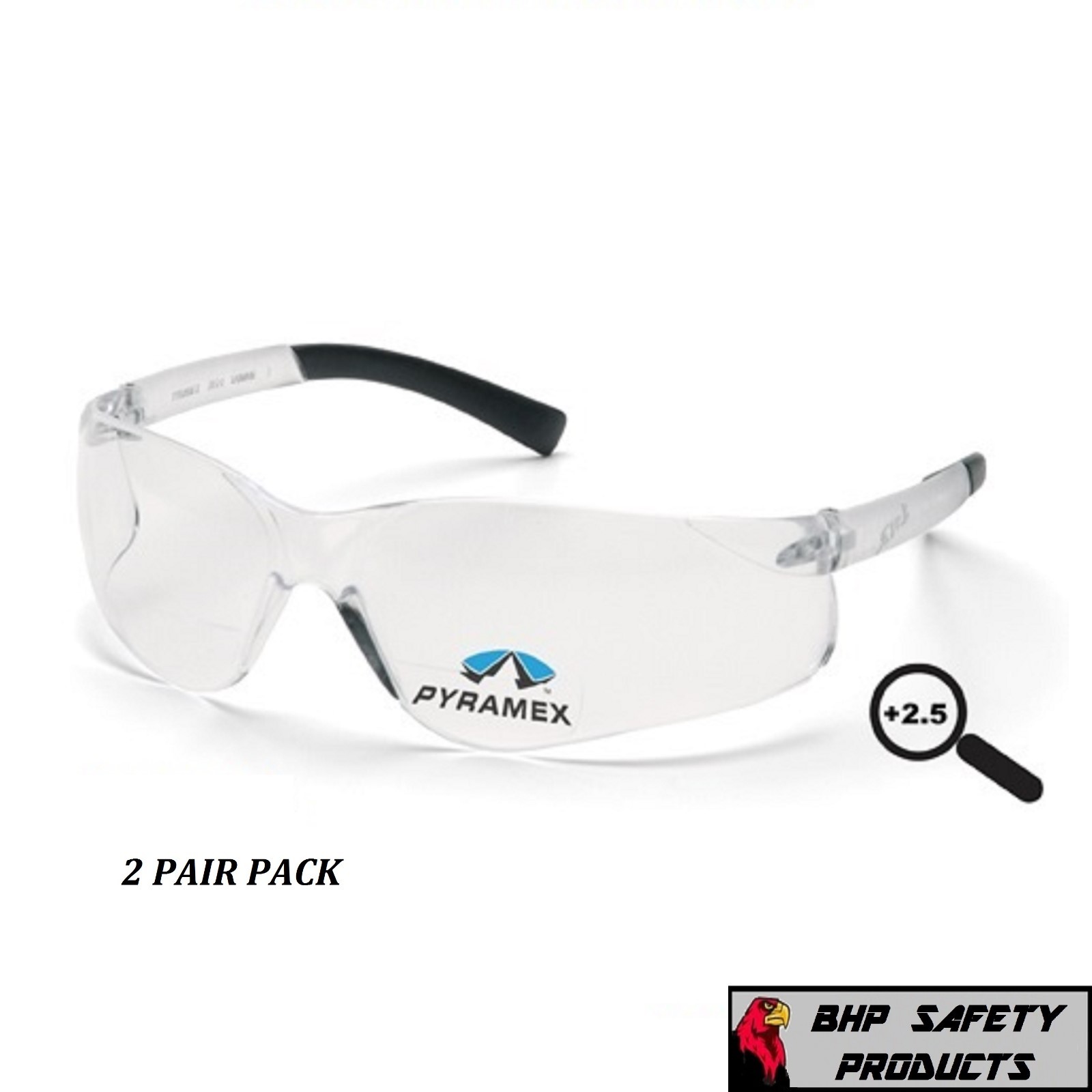 (2 PAIR) PYRAMEX ZTEK READER SAFETY GLASSES CLEAR BIFOCAL +2.50 LENS S2510R25