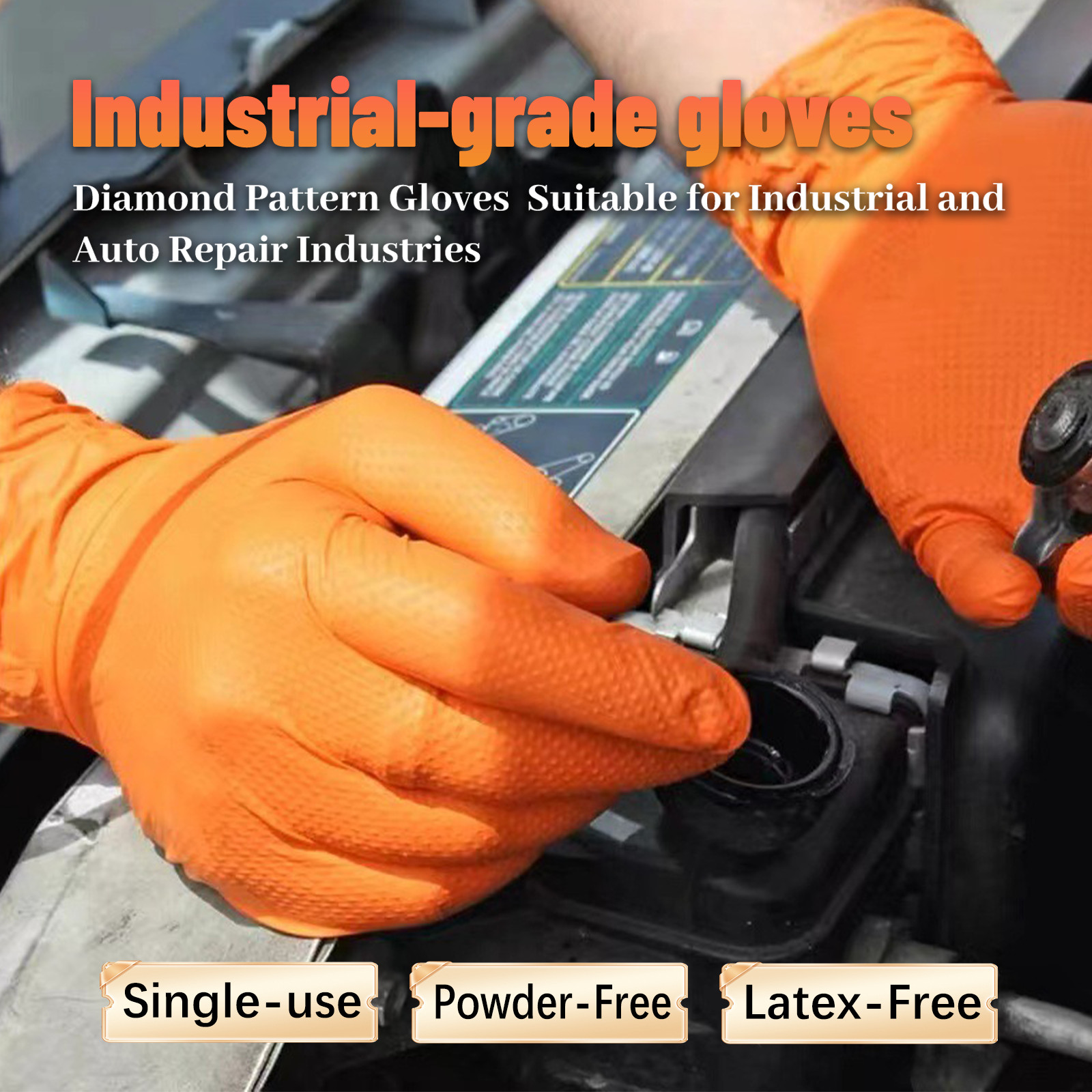 8Mil Orange Disposable Nitrile Gloves 3-Pack Diamond Grip Heavy Duty Latex Free
