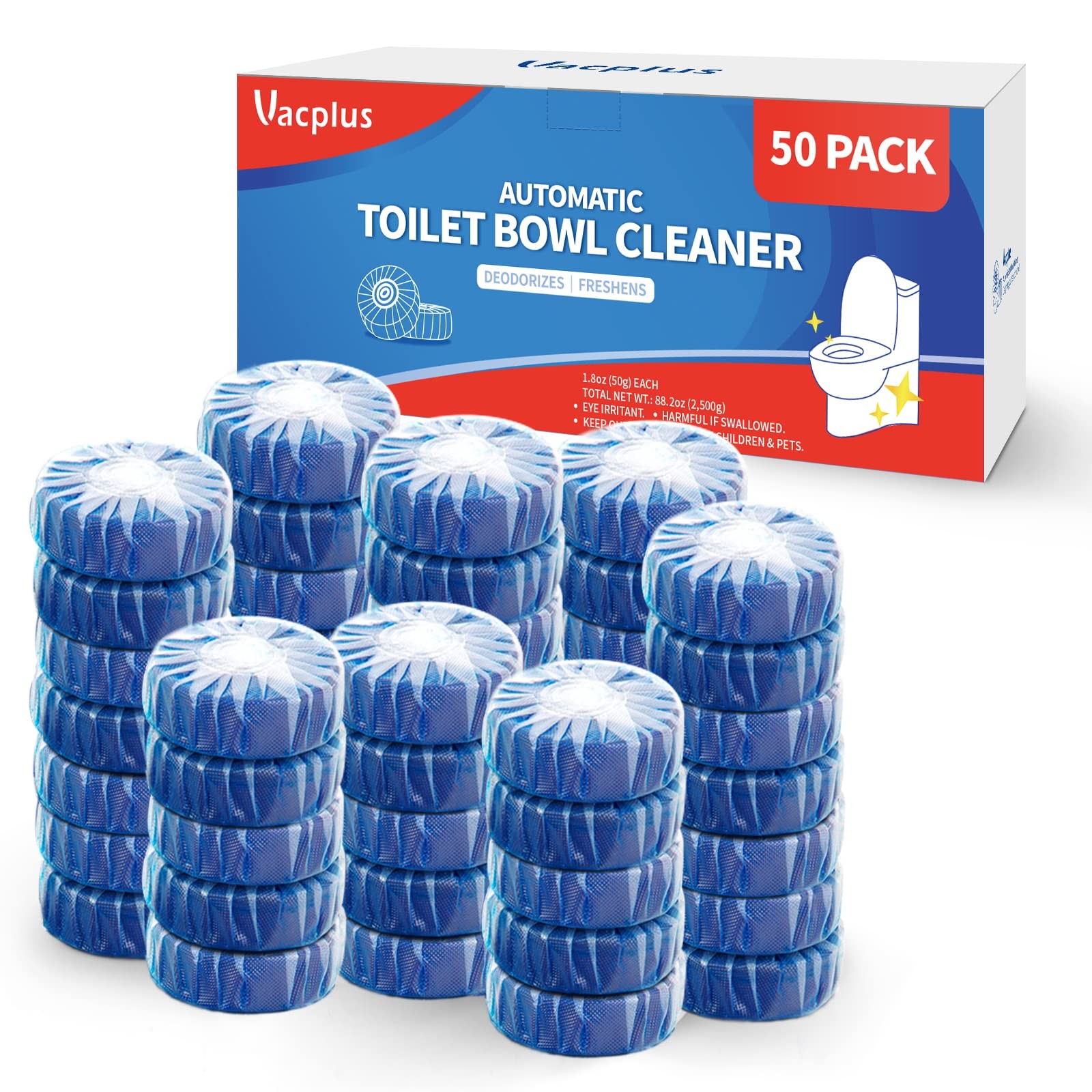 Vacplus Automatic Toilet Bowl Cleaner Tablets, 1 Count (Pack of 50), Blue