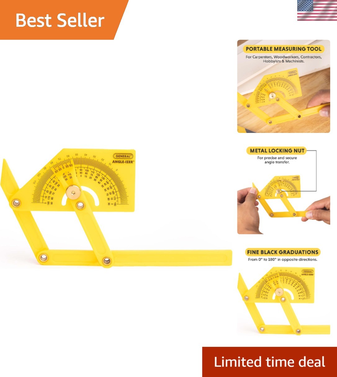 Compact Hand-Powered Protractor for Sloped, Inside & Outside Angles – Yellow