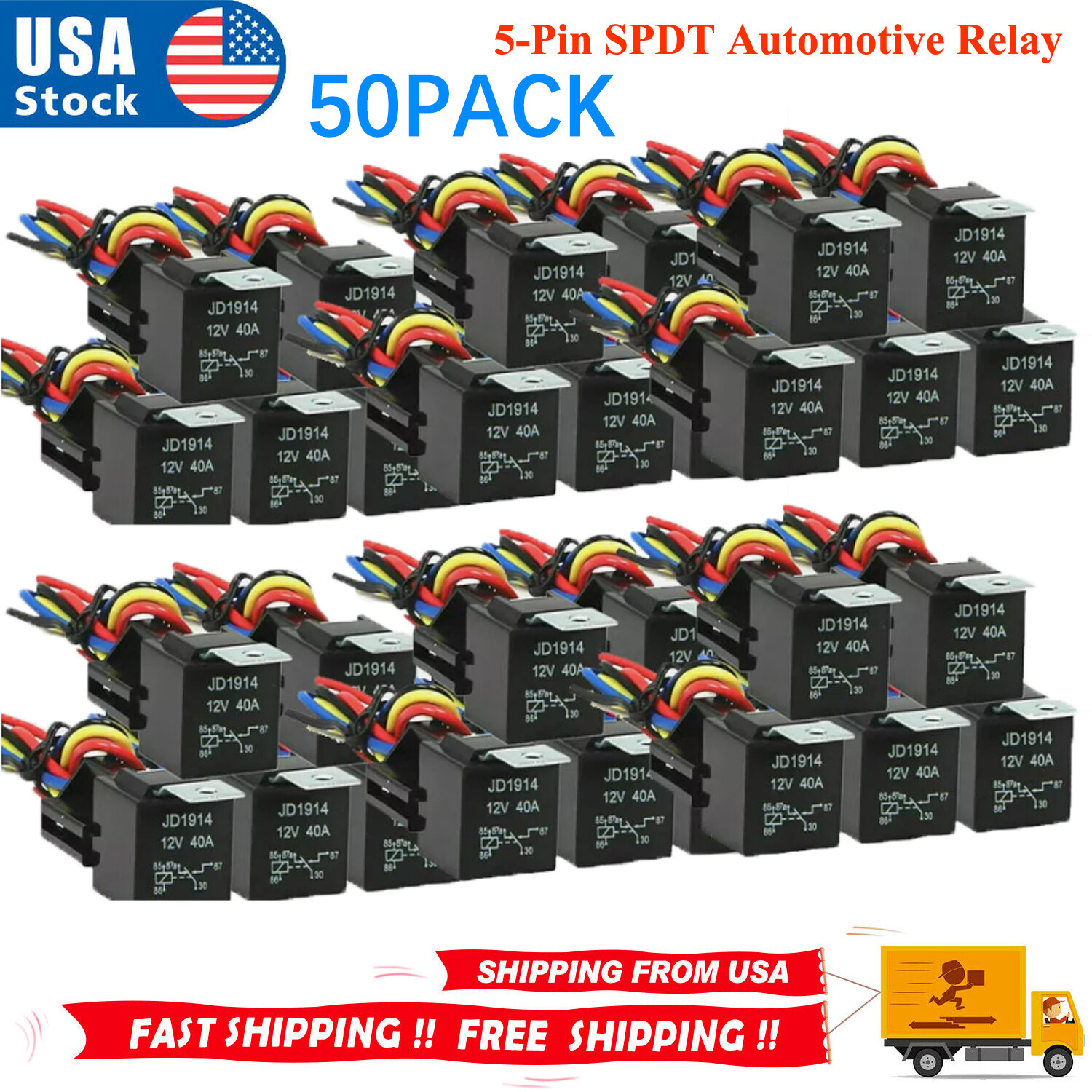 50PCS 5Pin Car Automotive SPDT Relay Switch Harness Socket Waterproof 40A 12V DC