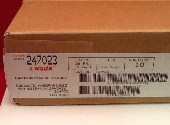 QTY 10, NEW ARGYLE 247023 NASOPHARYNGEAL AIRWAY 6.5mm 26 FR STERILE
