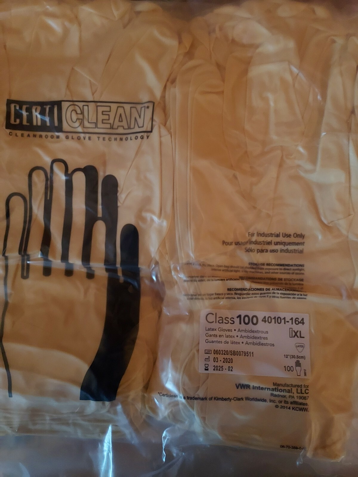 VWR CERTICLEAN CLASS 100 LATEX AMBIDEXTROUS GLOVES 12″, XL 40101-164