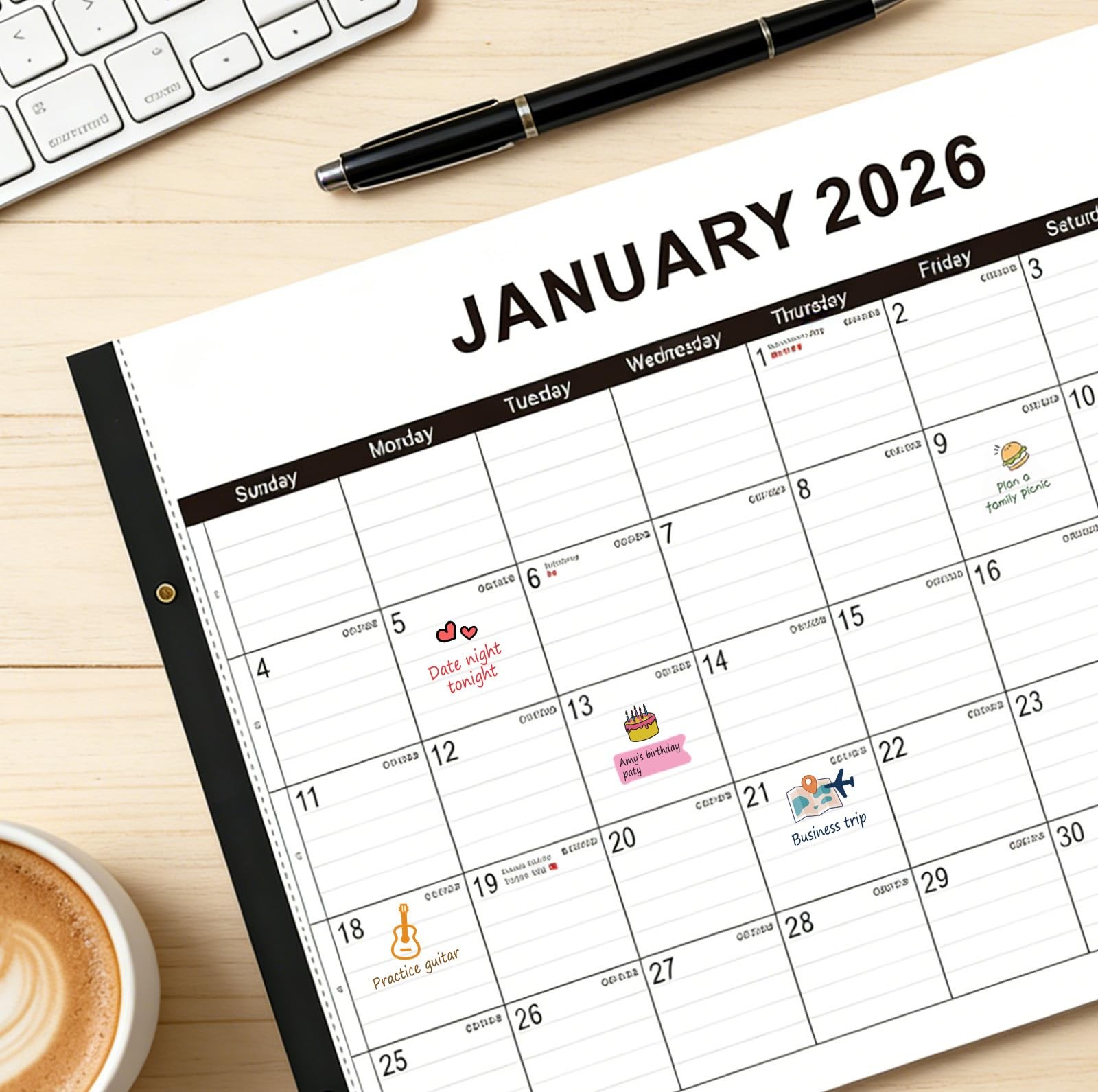 Desk calendar 2026-2027 22″x17″ paper(04/2026-10/2027) – 22″W x 17″H, Black
