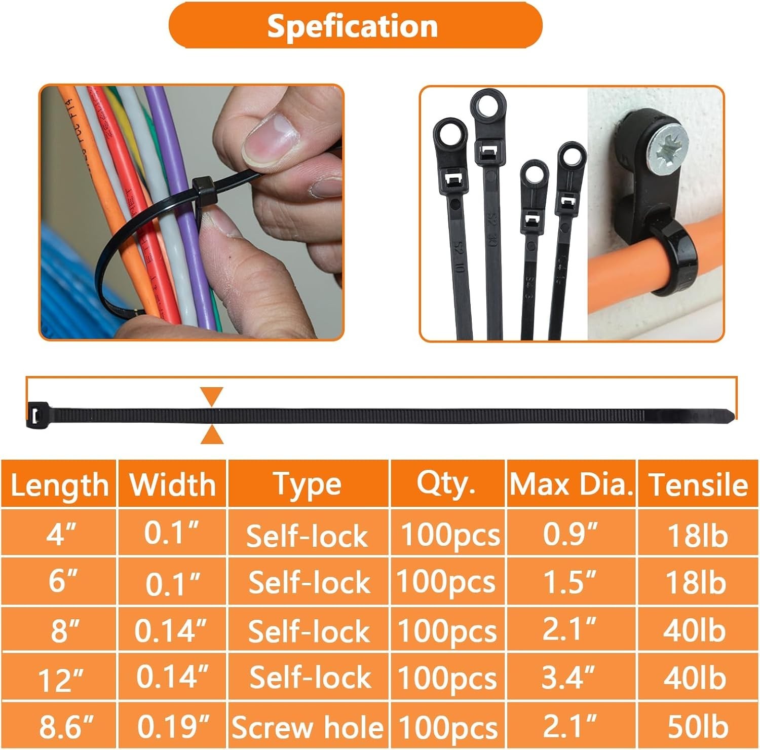 500Pcs Zip Ties Assorted Sizes Black Zip Ties with Screw Hole 100Pack 4/6/8/12 I