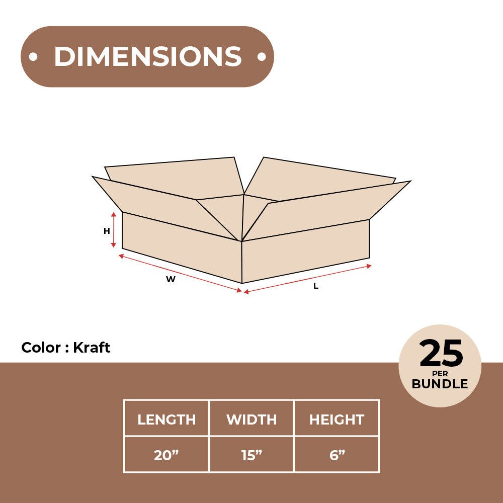 20 x 15 x 6″ Flat Corrugated Boxes, ECT-32 Brown Shipping/Moving Boxes 25 Boxes