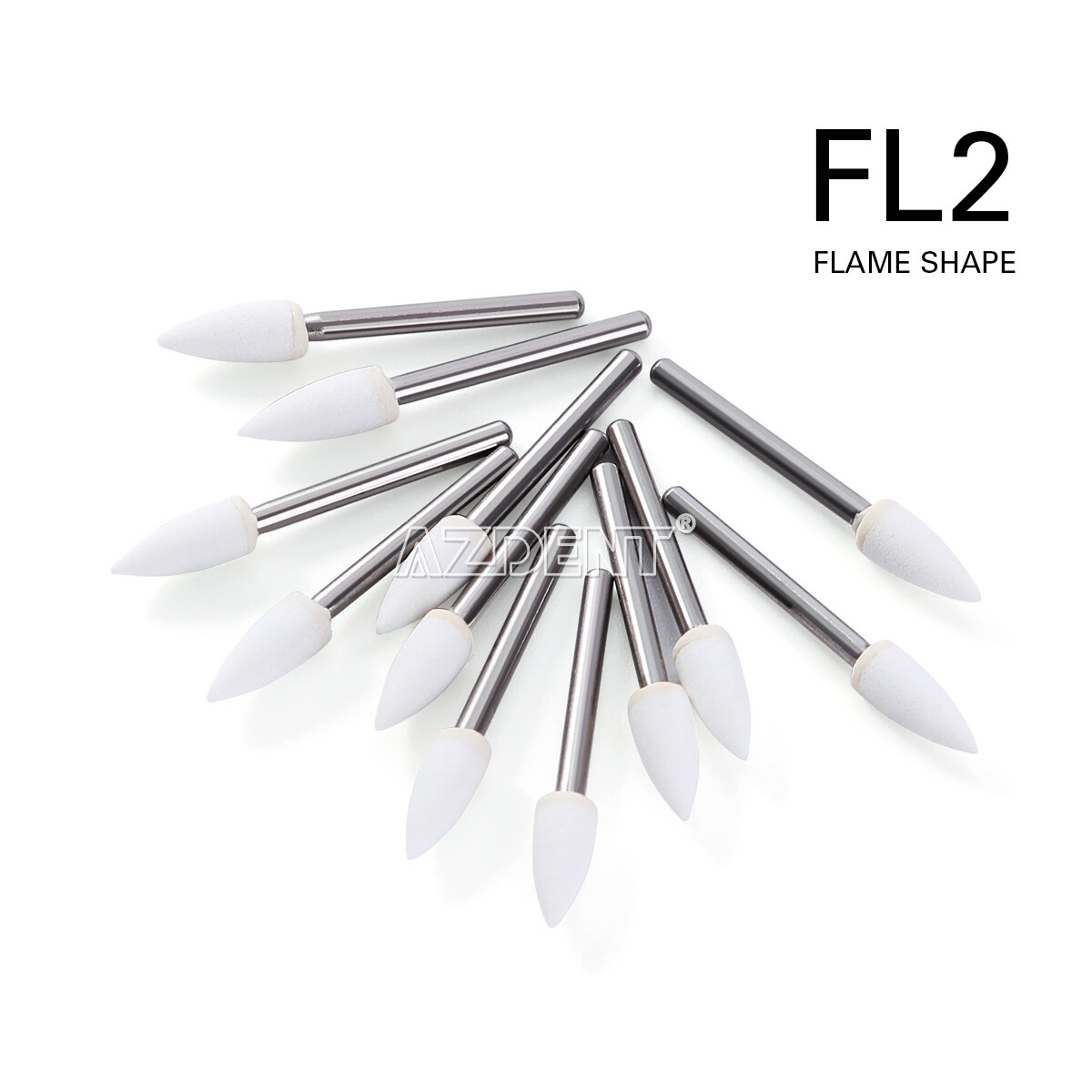 10packs Dental Flame Mounted White Stone Polishing Burs FG Abrasion Point Burs