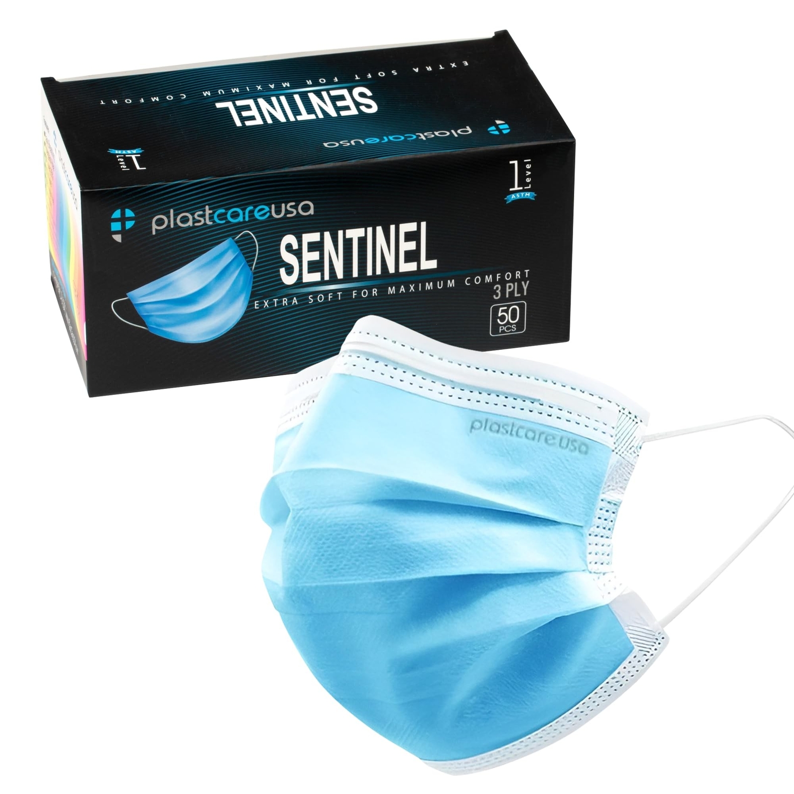 PlastCare USA ASTM Level 1 3-Ply Face Masks, Disposable Blue Masks in 50 or 1…