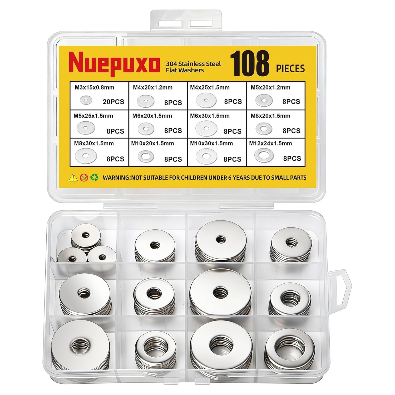 108Pcs 304 Stainless Steel Flat Washers, Fender Washers Assortment Kit 12 Sizes