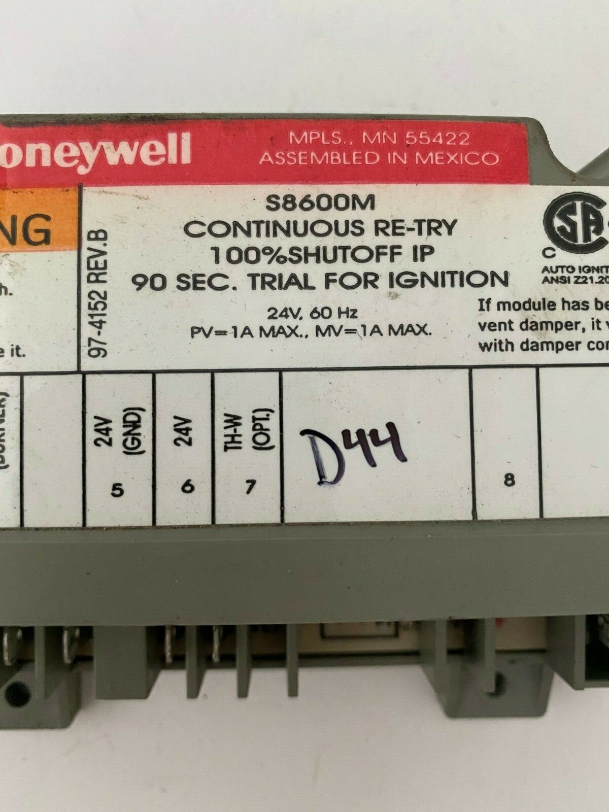 Honeywell S8600M1005 Furnace Ignition Control Module S8600M #D44