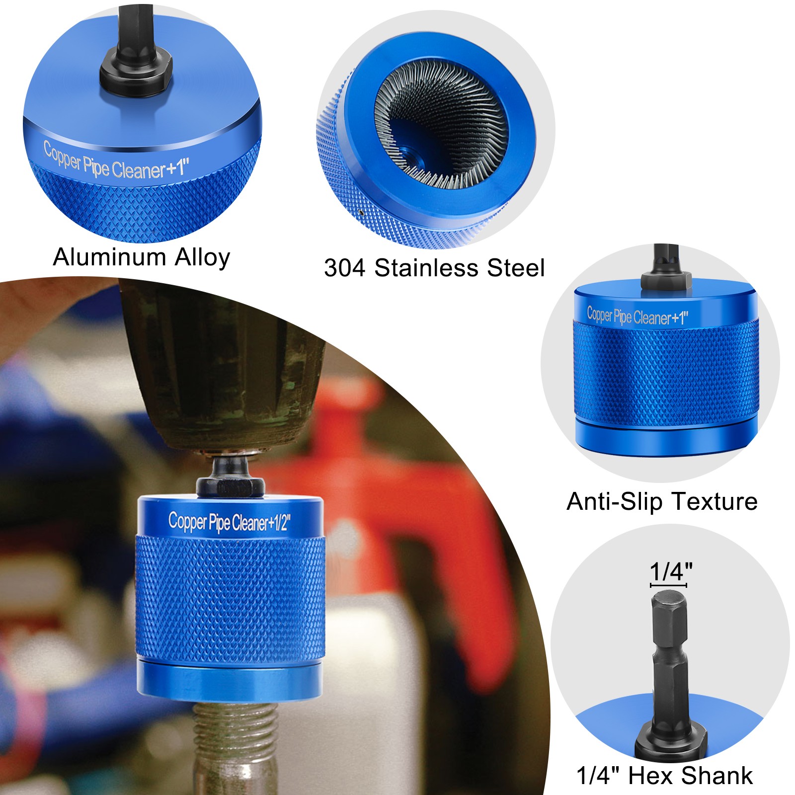 3x Copper Pipe Cleaning Brush Set Drill Attachment 1/2″ 3/4″ 1″ w/ 1/4″Hex Shank