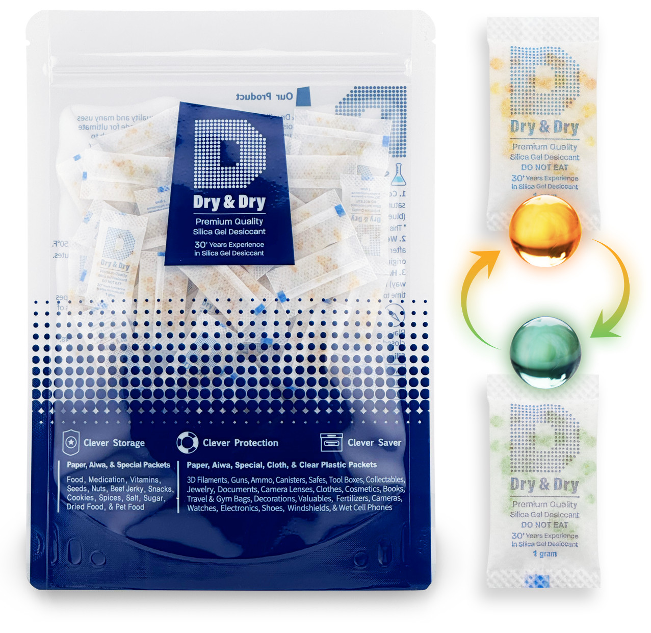 1 gram X 200 PK «Dry & Dry» Food Grade Orange Indicating Silica Gel Packets