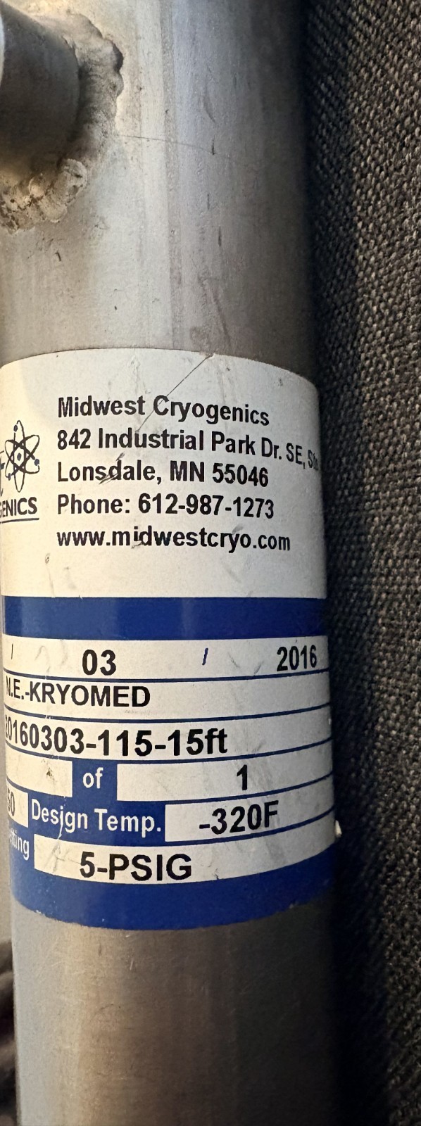Midwest Cryogenics 15 ft VJ LN2 Hose w/ Separator | Buyer Pays Ship