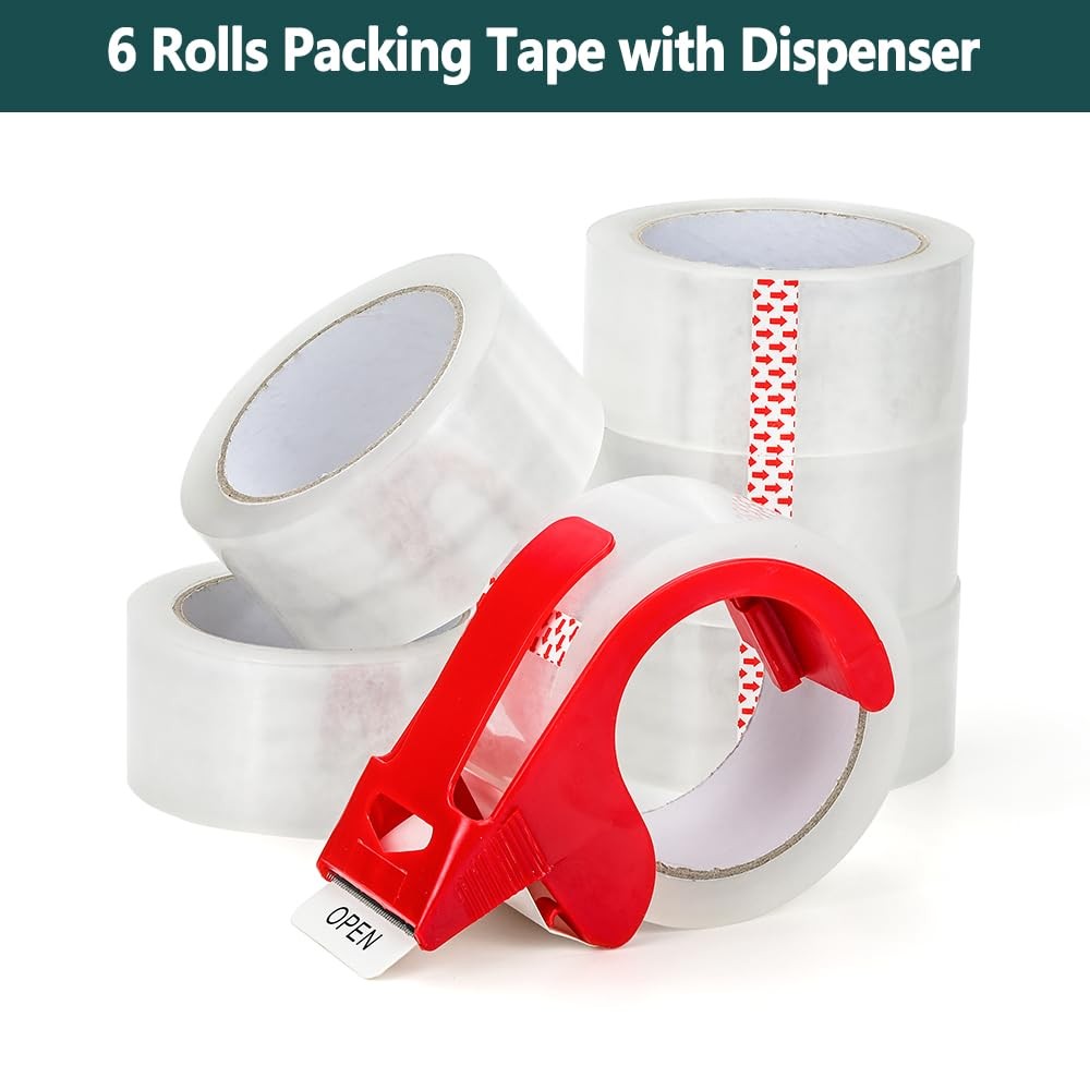 6 Rolls Packing Tape Shipping Packaging Box Sealing Tape w/Refillable Dispenser