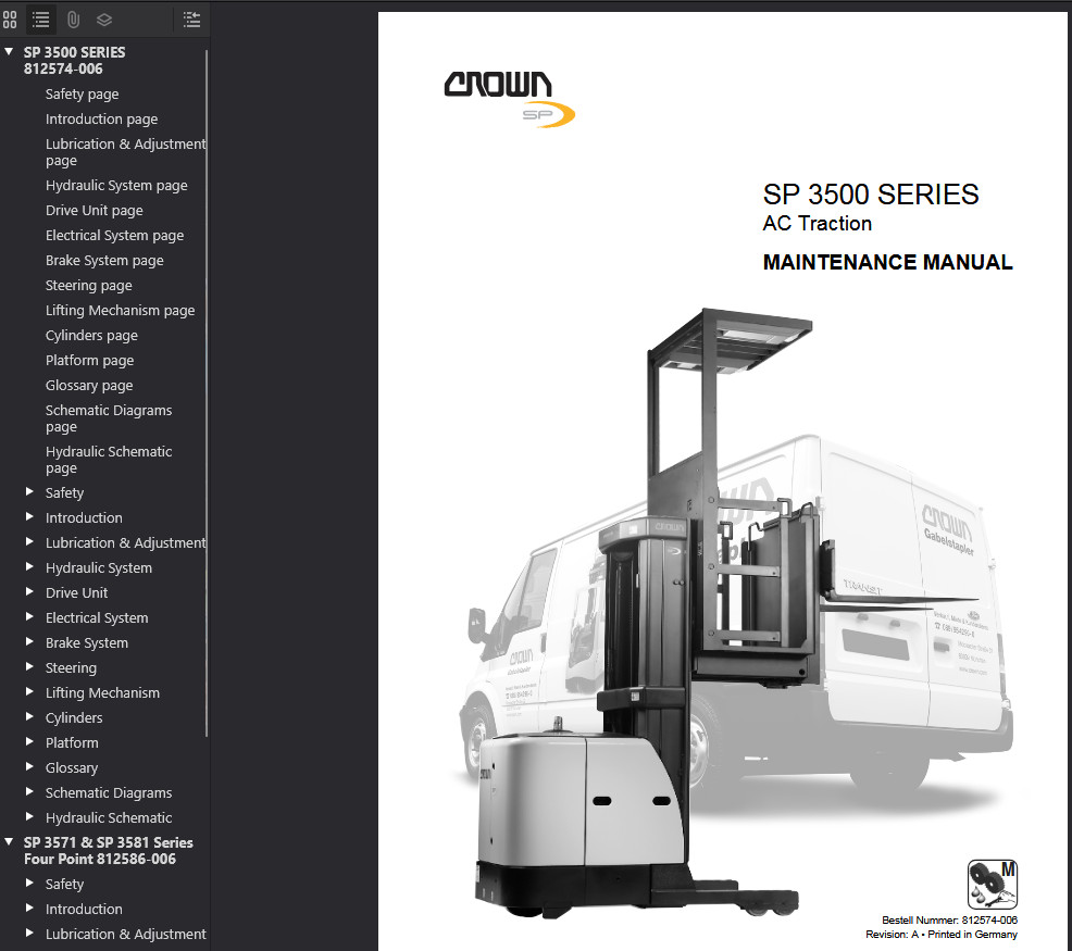 Crown SP3505-30, SP3510-30, SP3520-30 Forklift Repair Service Manual PDF USB