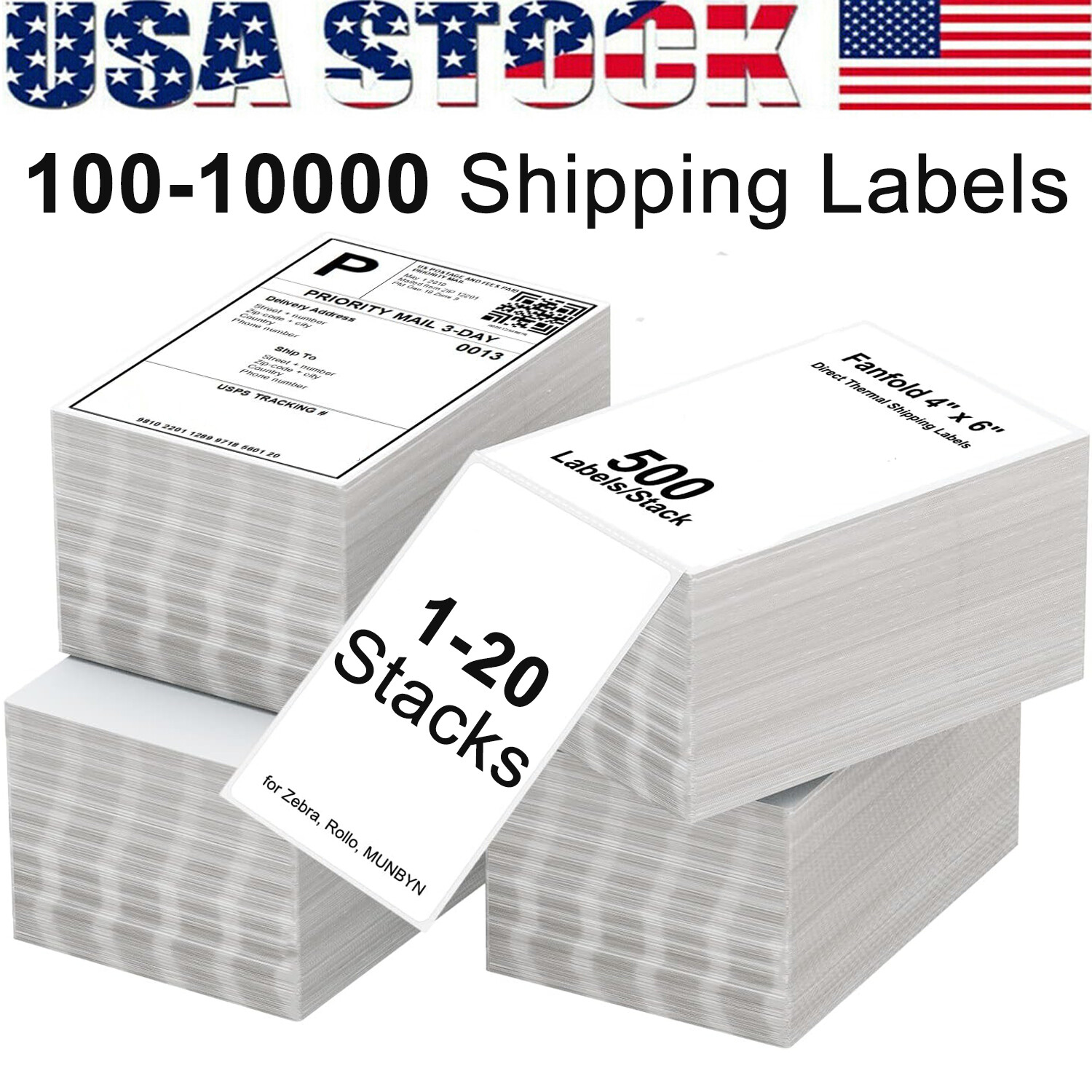 500 4″ x 6″ Fanfold Direct Thermal Shipping Labels Perforated for Zebra & Rollo