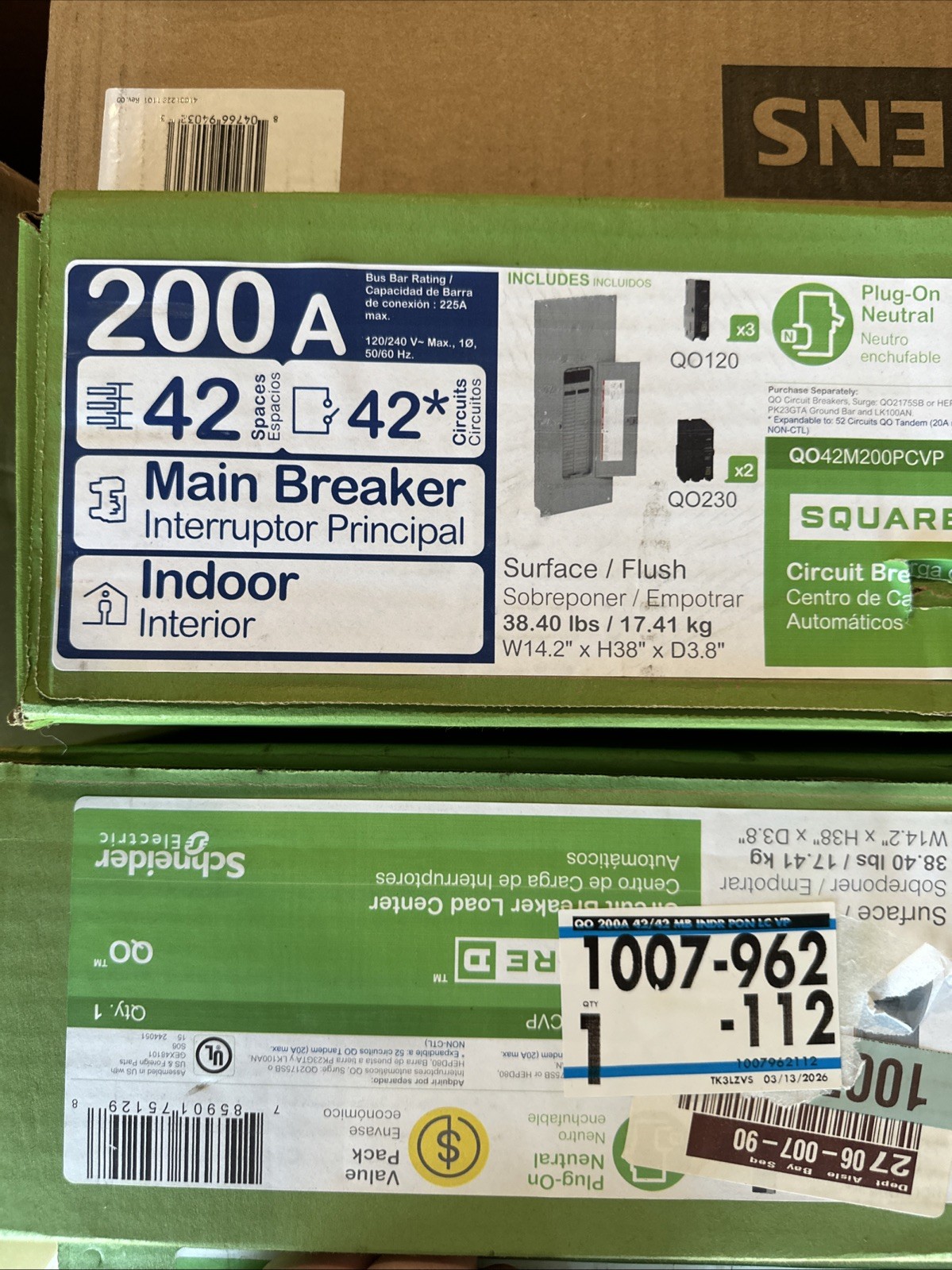 Square D QO 200 Amp 42-Space 42-Circuit Indoor Main Breaker Load C QO42M200PQCVP