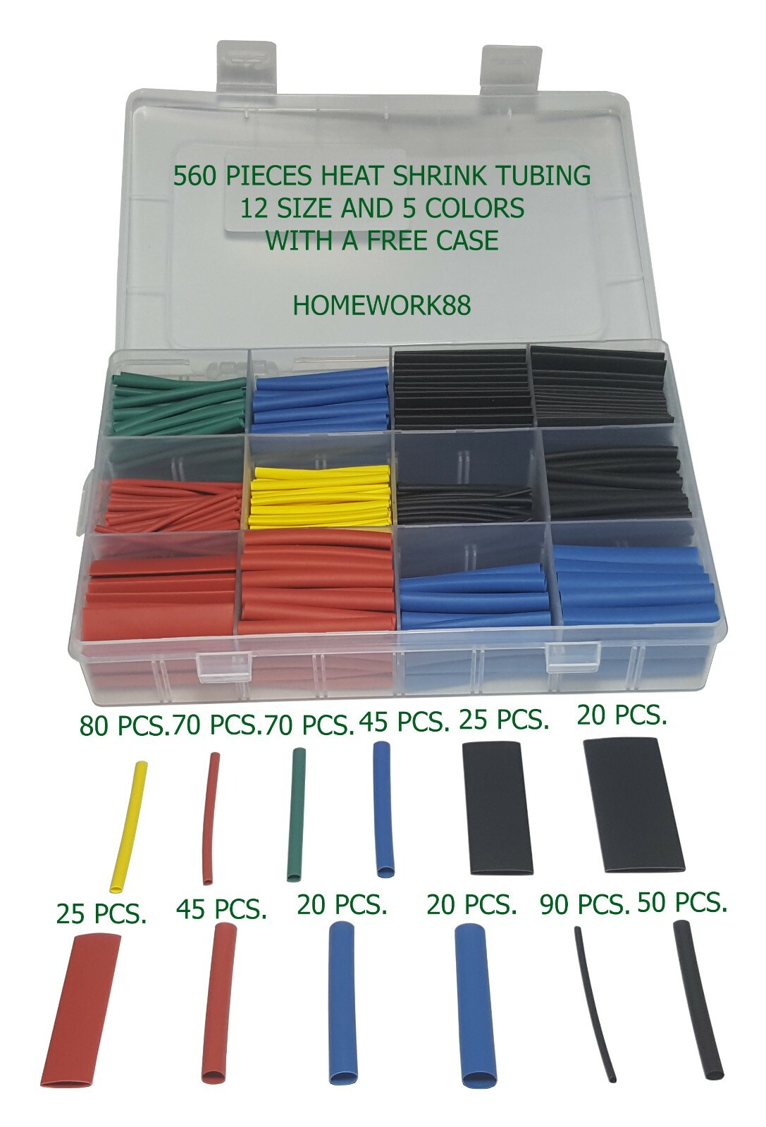 560 PCS. 2:1 HEAT SHRINK TUBING TUBE SLEEVING WRAP CABLE WIRE 5 COLORS 12 SIZES
