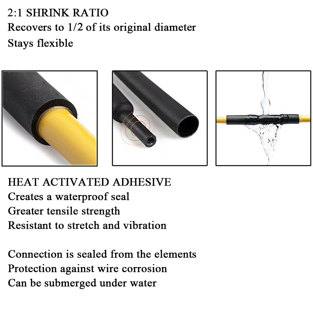 2:1 Heat Shrink Tubing Black Dual Wall Waterproof Glue Wires Wrap (LARGE SIZES)
