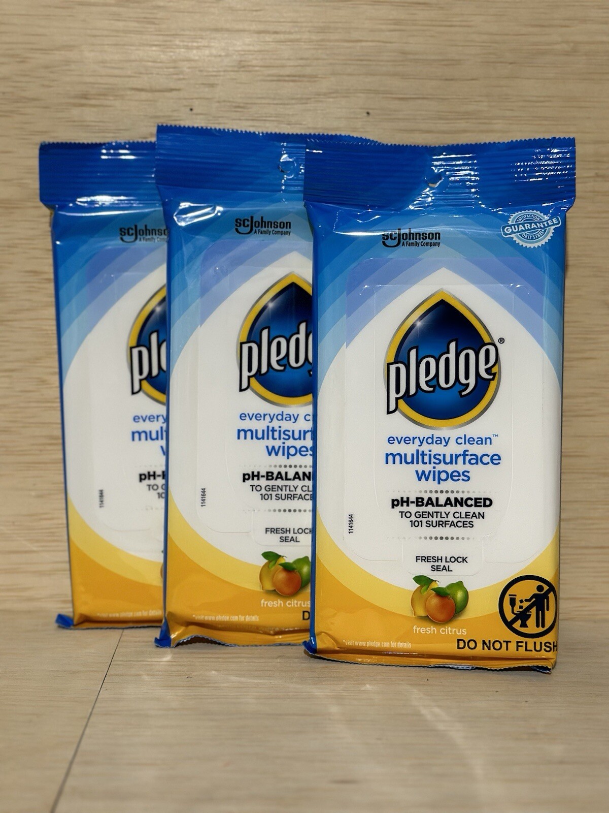 Lot of 3 PLEDGE Citrus Multi Surface Wipes, 25 Pre-Moistened Wipes Per Package