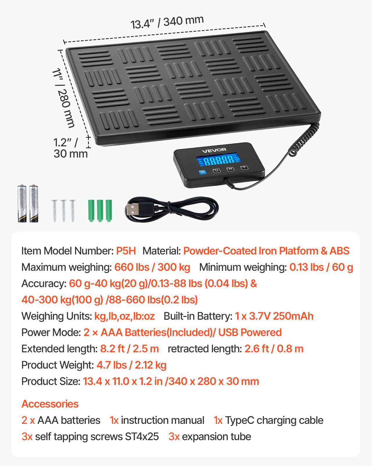 VEVOR 660 lbs Digital Postal Scale 0.7 oz/3.5 oz Dual Accuracy Shipping Scale